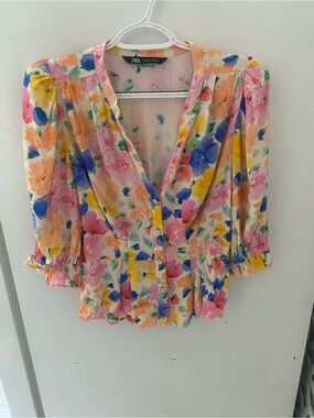 Zara Pink Blue Yellow Floral V-Neck Ruffle Peplum Blouse